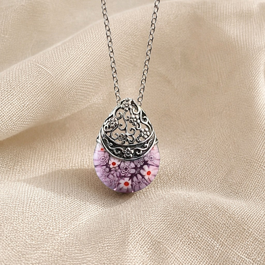 Glass Floral Engraved Pendant Necklace