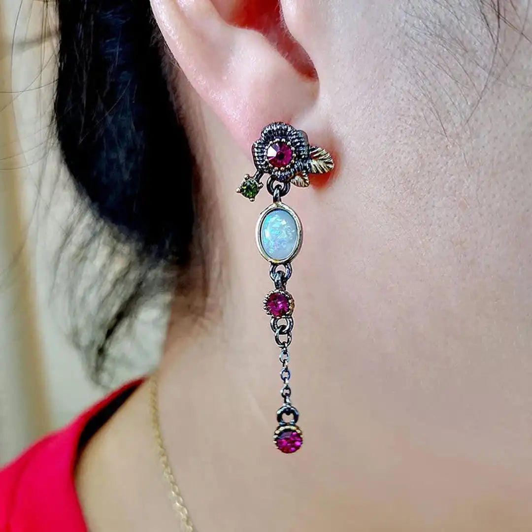Boho Earrings With Opal And Red Zirconia