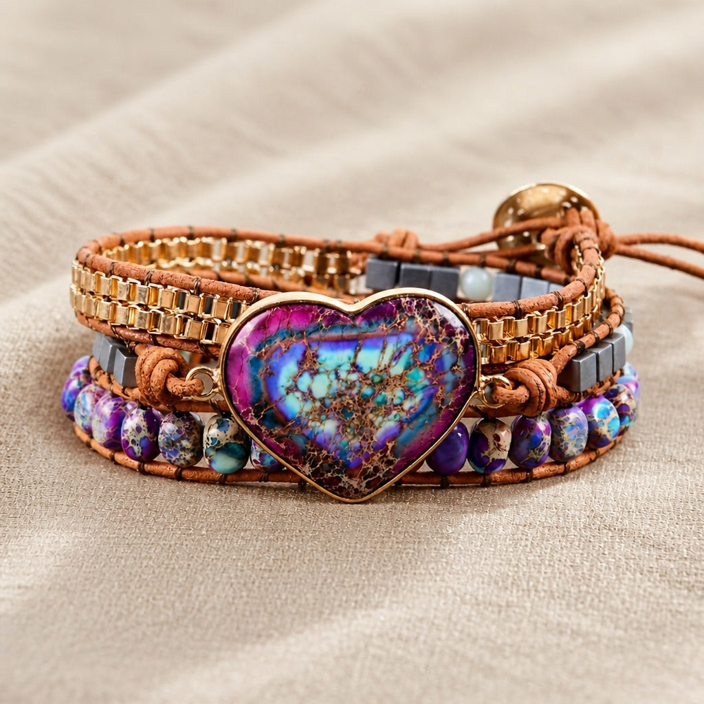 Heart Stone Braided Leather Bracelet