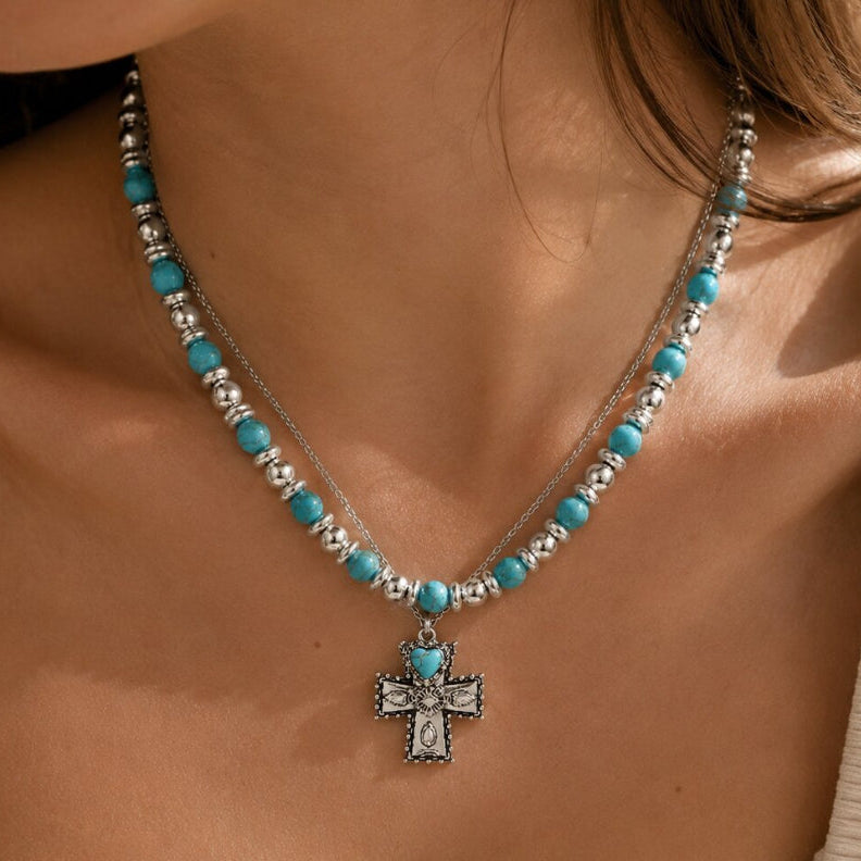 Turquoise Beaded Cross Necklace