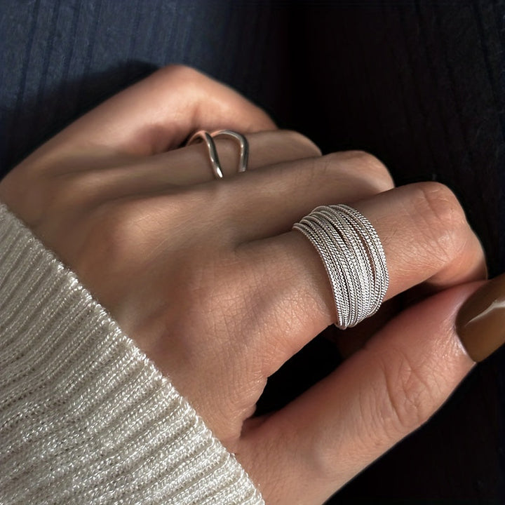 Layered Rope Silver Open Ring