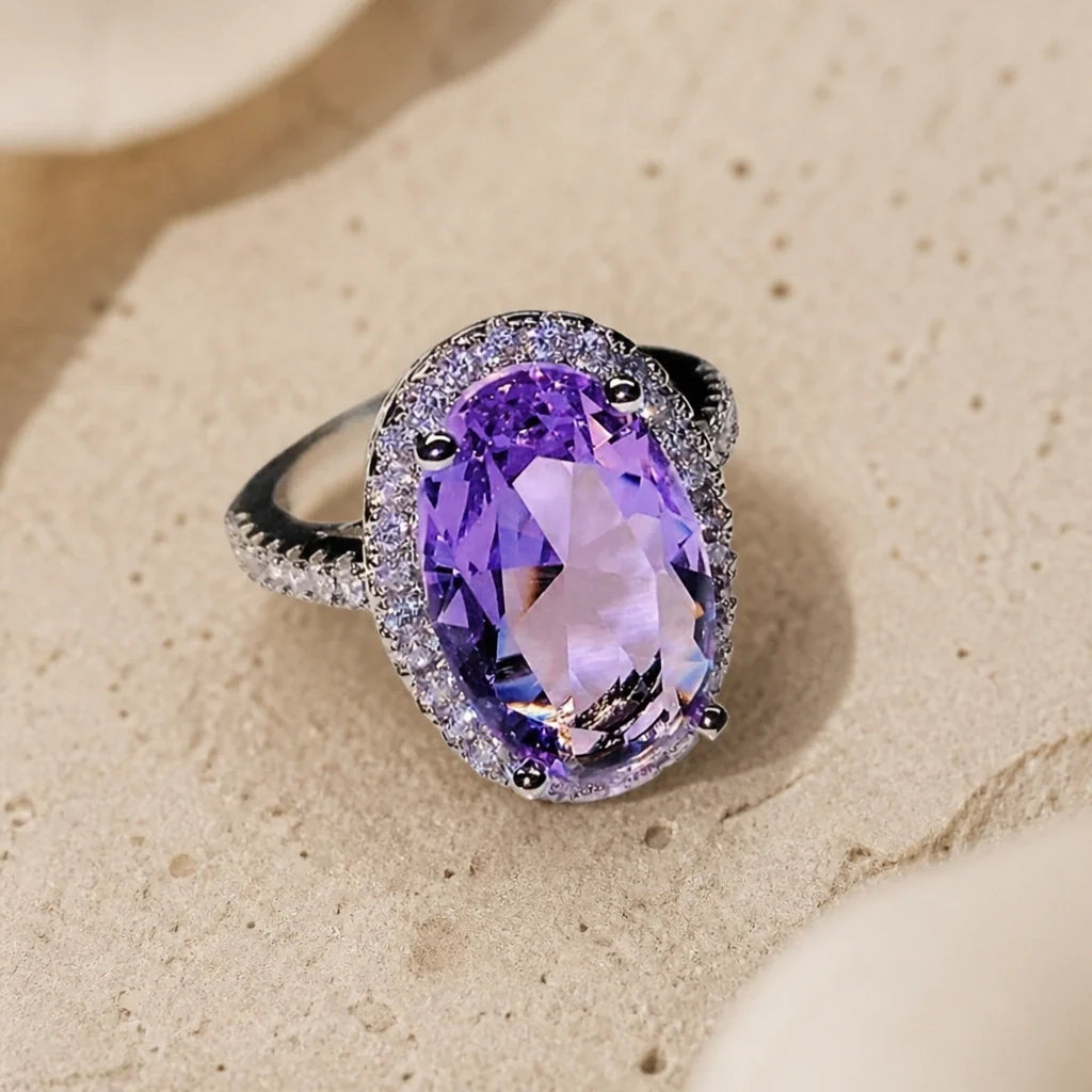 Oval Amethyst Zirconia Silver Ring