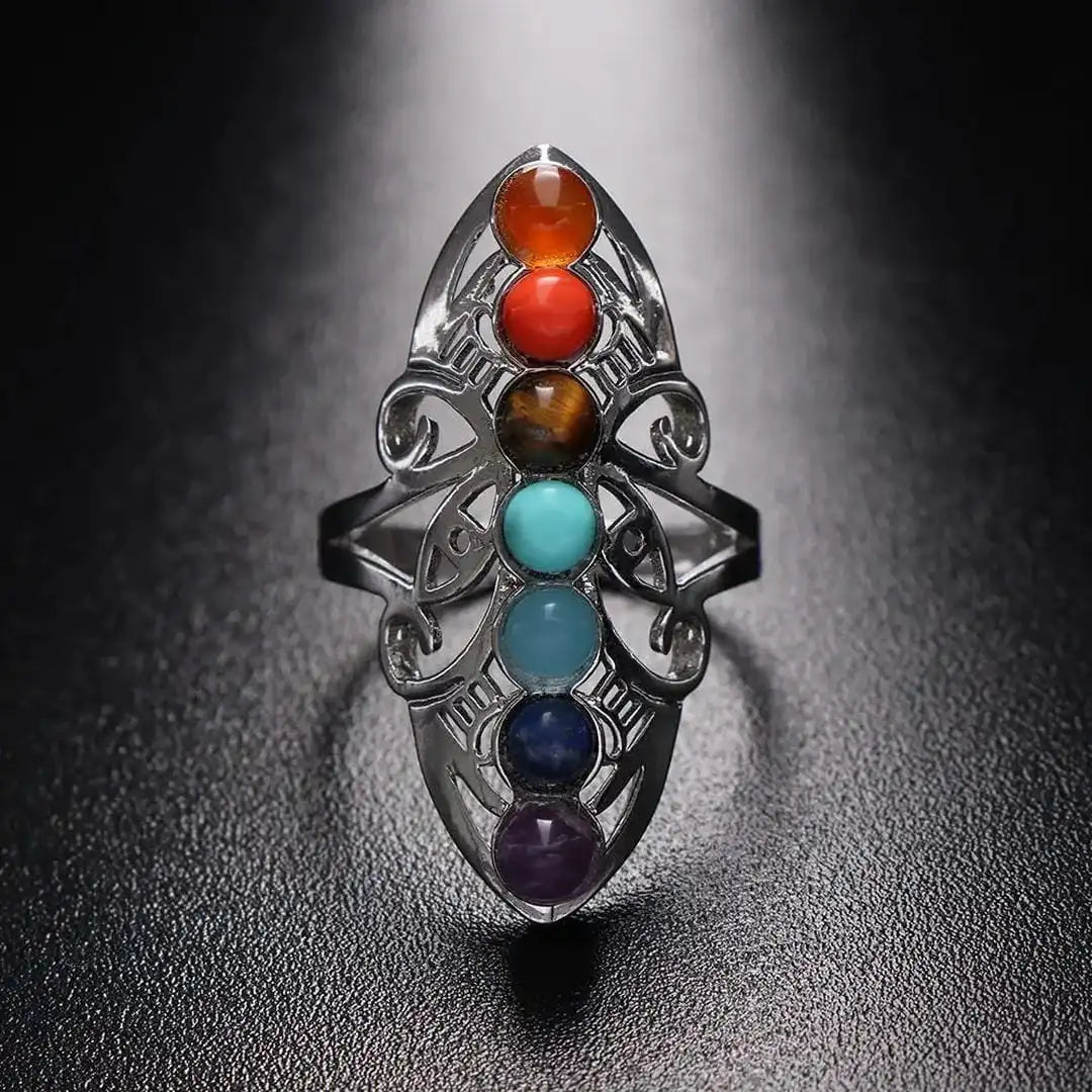 Chakra Seven Stone Adjustable Silver Ring