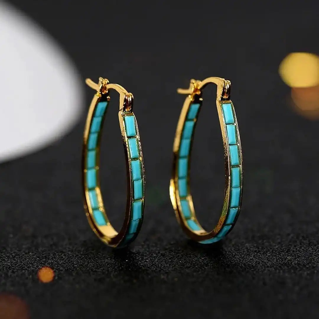 Classic Gold Inlaid Turquoise Hoop Earrings