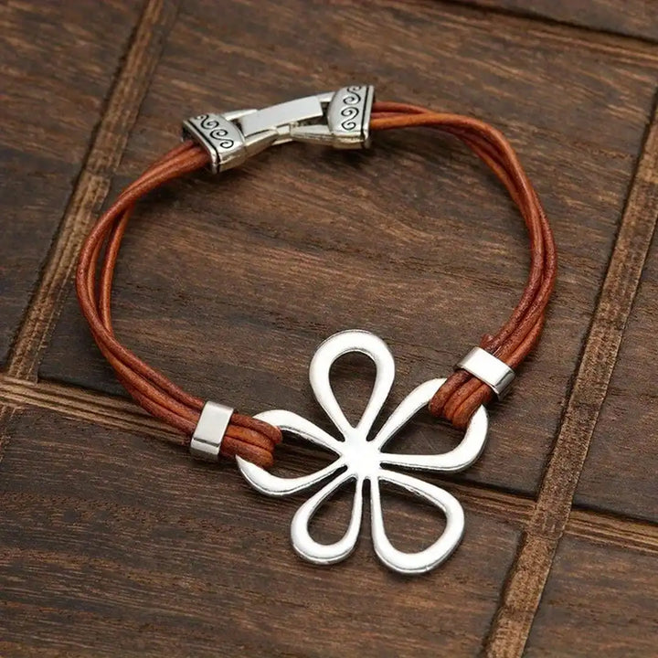 Classic Silver Flower Leather Bracelet