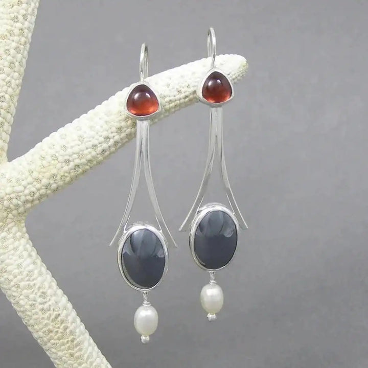 Silver Tri-Stone Pearl Drop Earrings