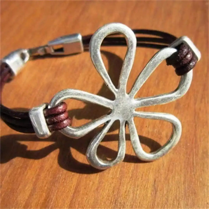 Classic Silver Flower Leather Bracelet