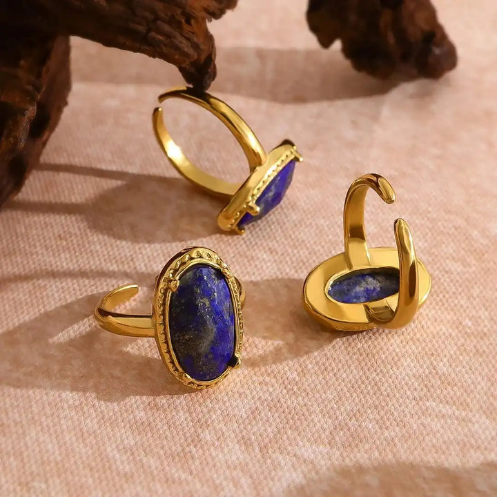 Golden Adjustable Ring with Lapis Azul Stone
