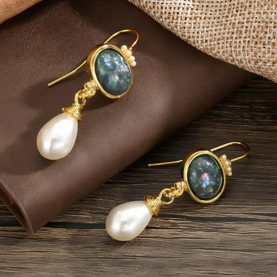 Geometry Black Stone and Pearl Earrings