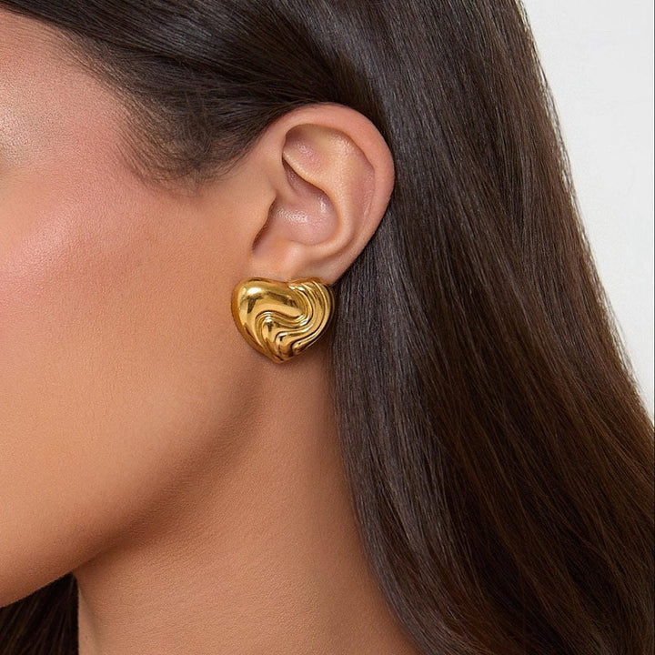 Gold Ribbed Heart Earrings