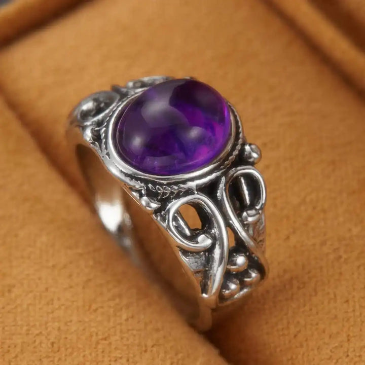 Classic Silver Purple Oval Scroll Ring