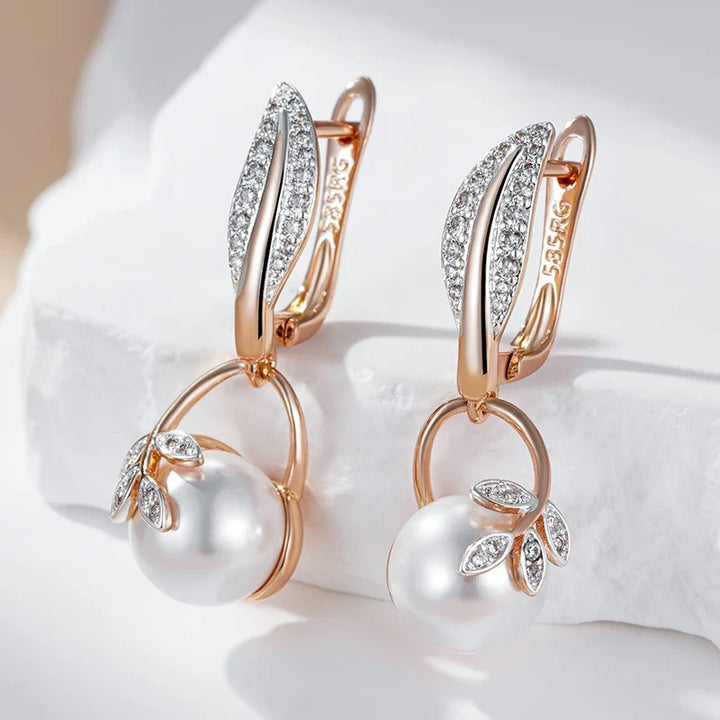 Crystal Leaf Pearl Dangle Earrings