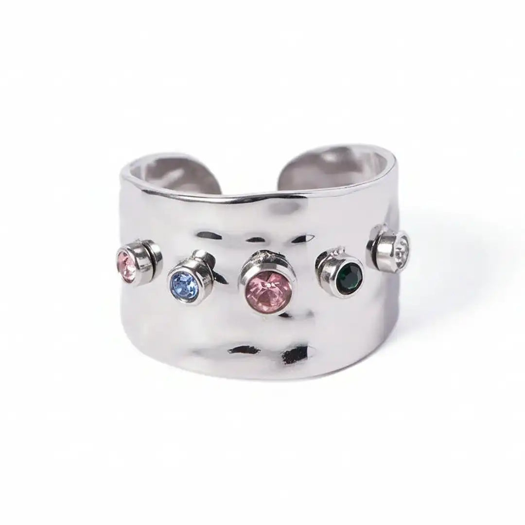 Adjustable Hammered Wide Rainbow Crystal Ring