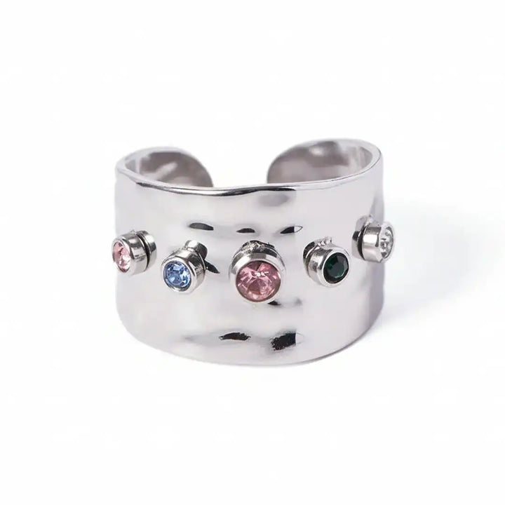 Adjustable Hammered Wide Rainbow Crystal Ring