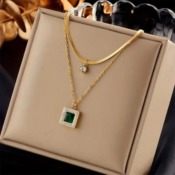 Emerald Layered Double Gold Necklace