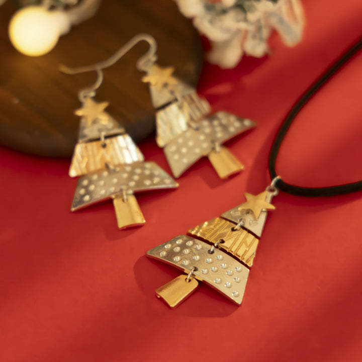 Enamel Christmas tree pendant and earrings
