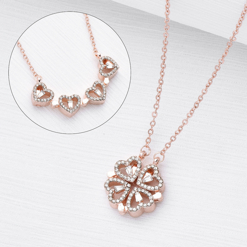 Folding heart four-leaf clover necklace, 4-in-1 magnetic pendant