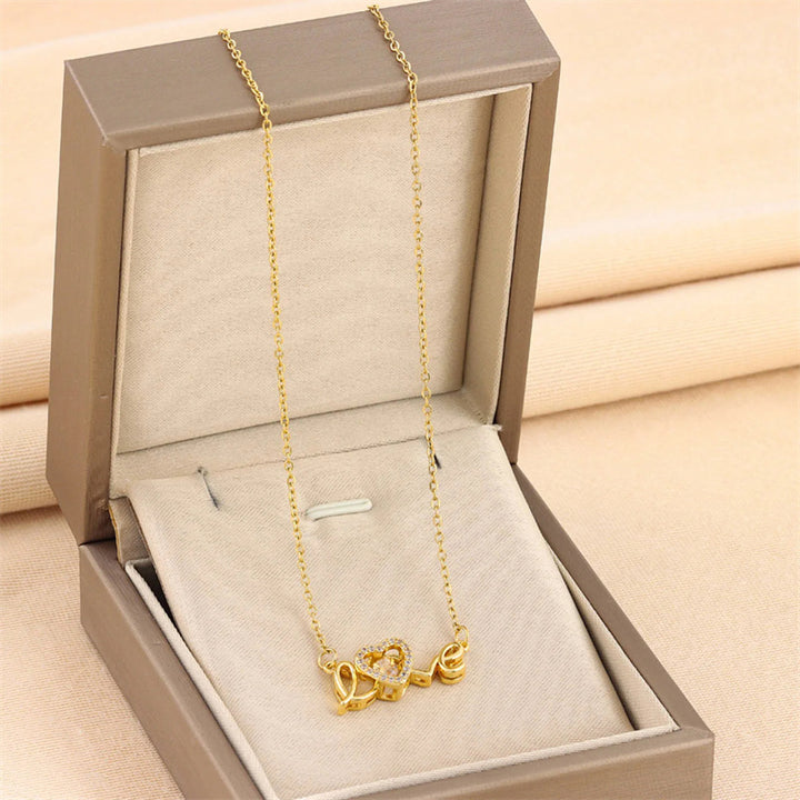Gold LOVE pendant necklace in titanium steel, dainty clavicle chain