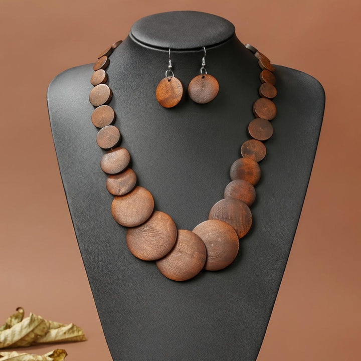 Coastal Wood Disc Statement Necklace and Earrings Set
