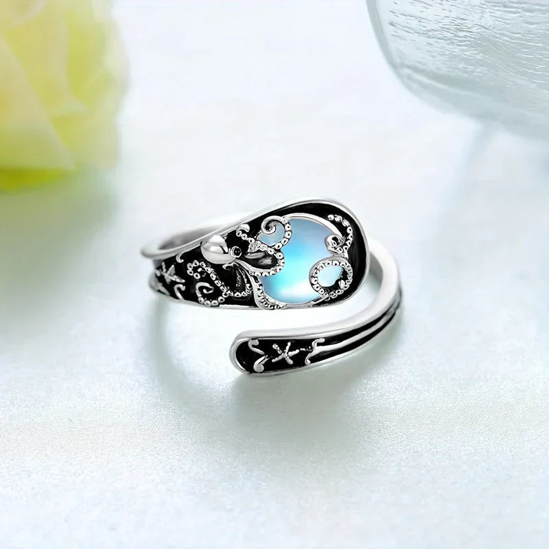 Silver Octopus Blue Moonstone Ring