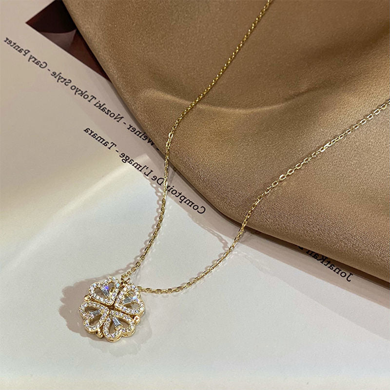 Folding heart four-leaf clover necklace, 4-in-1 magnetic pendant
