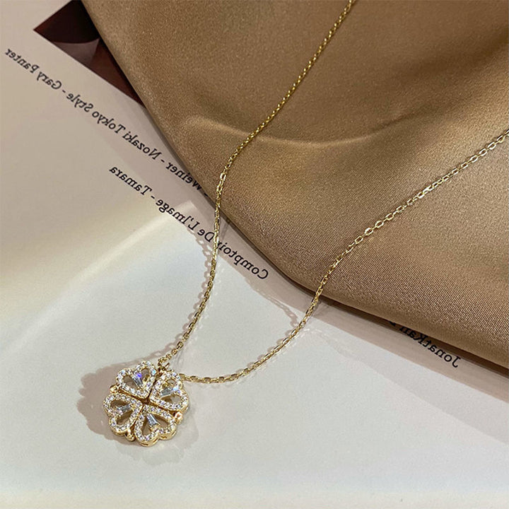 Folding heart four-leaf clover necklace, 4-in-1 magnetic pendant