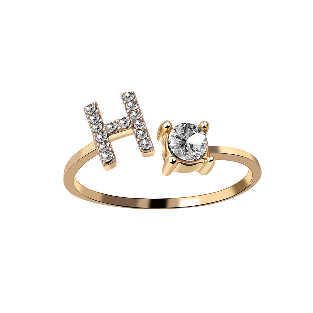 Adjustable initial ring with zircon, all 26 letters A to Z