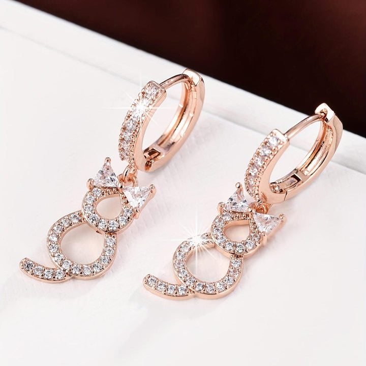 Crystal Cat Dangle Hoop Earrings