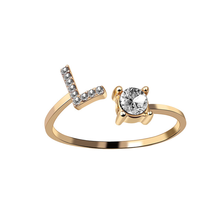 Adjustable initial ring with zircon, all 26 letters A to Z