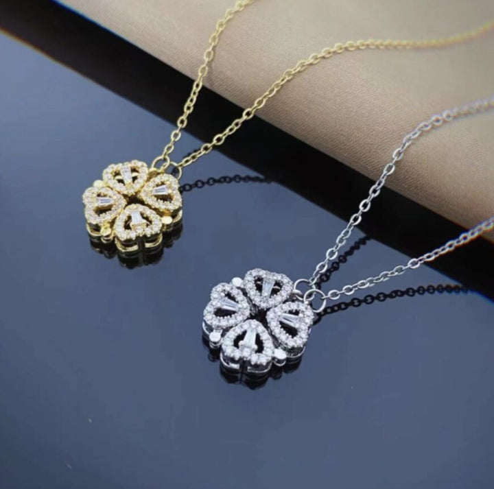Folding heart four-leaf clover necklace, 4-in-1 magnetic pendant