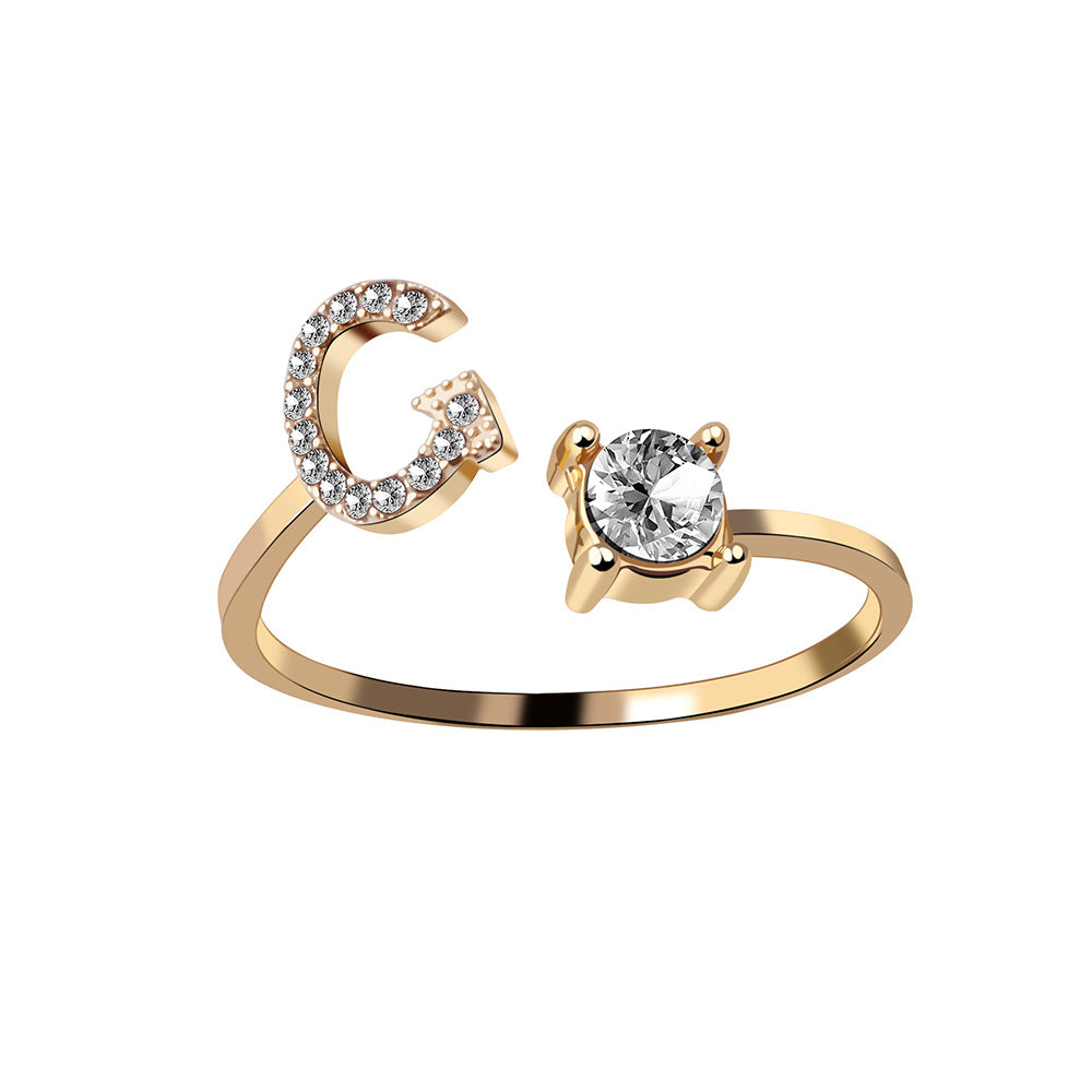 Adjustable initial ring with zircon, all 26 letters A to Z