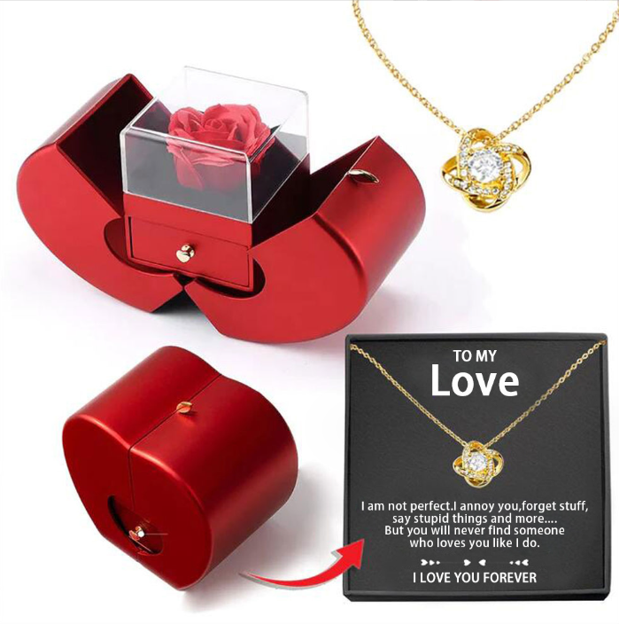 Red apple gift box with rose and necklace