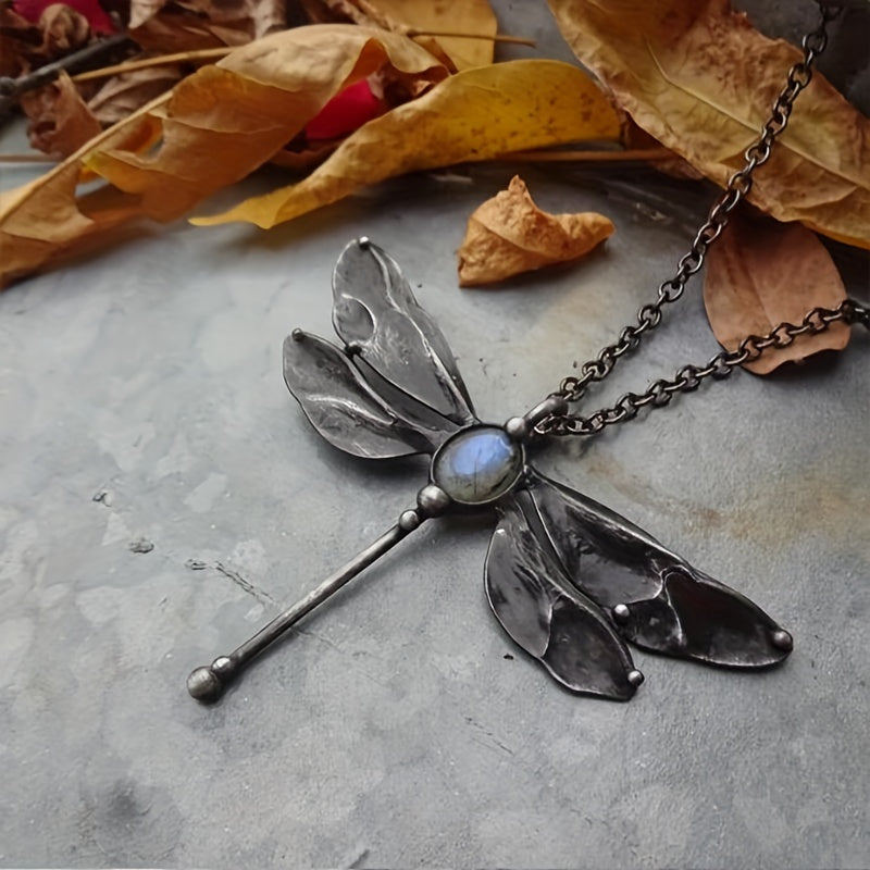 Vintage Dragonfly Pendant Moonstone Necklace