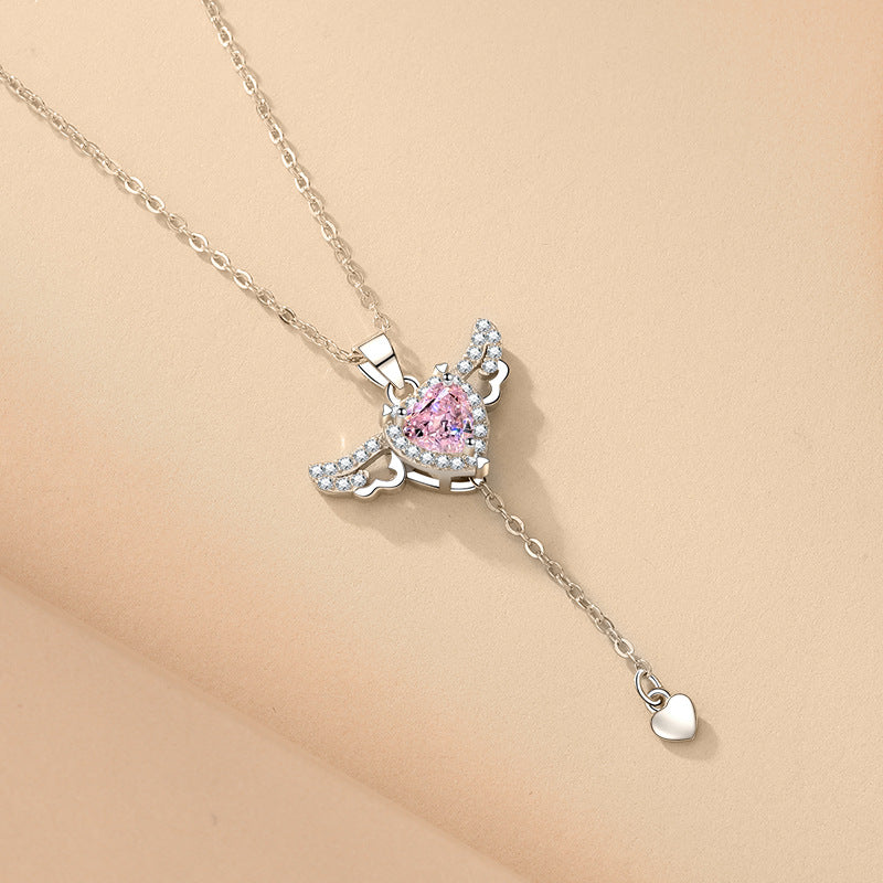 Cupid heart necklace with moving angel wings and sparkling zircon