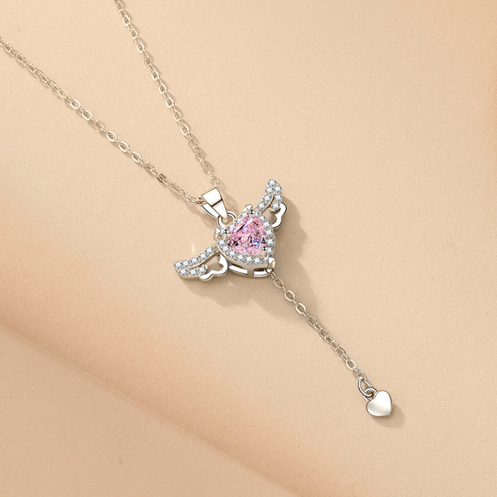 Cupid heart necklace with moving angel wings and sparkling zircon
