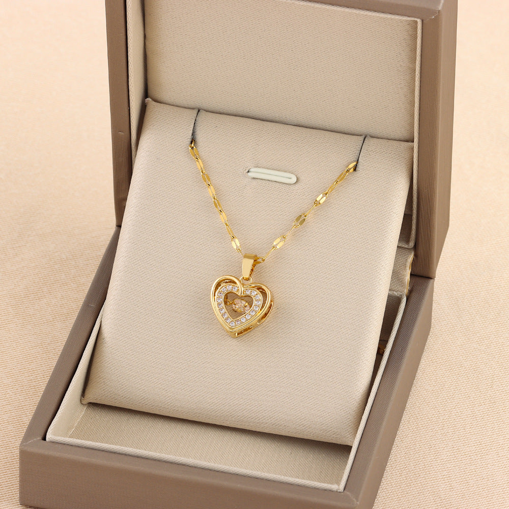 Double-layer heart necklace with rhinestones in titanium steel