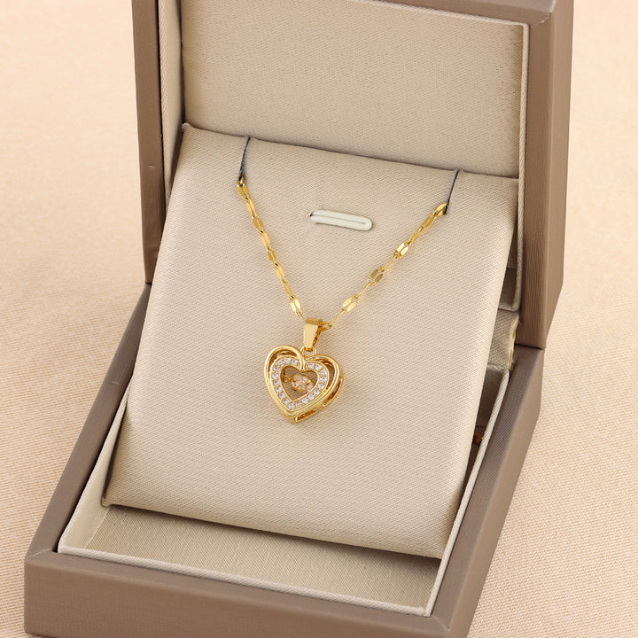 Double-layer heart necklace with rhinestones in titanium steel
