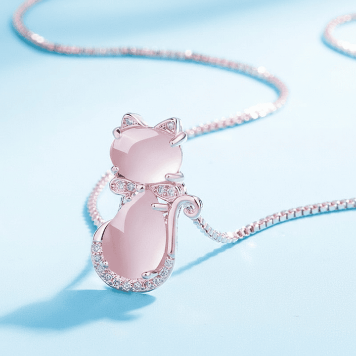 Lovely Pink Stone Cat Zircon Necklace