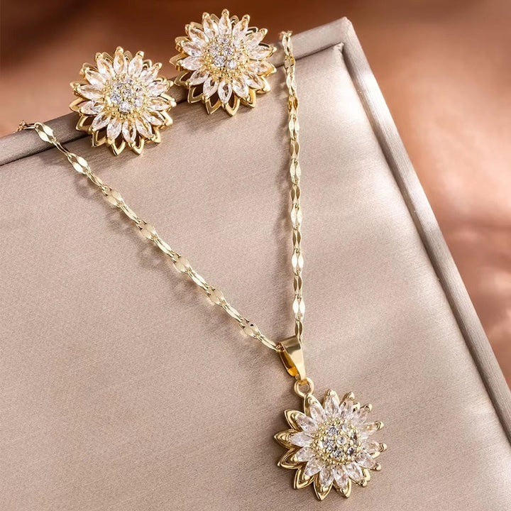 Trendy Silver Sunflower Zircon Necklace &amp; Earrings set