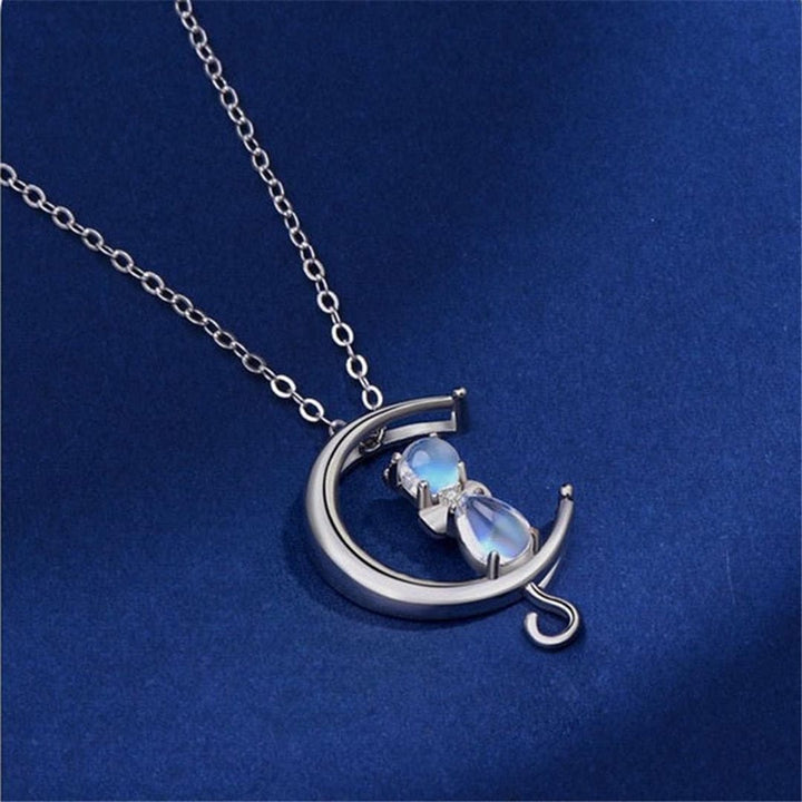 Crescent Moon and Cat Moonstone Necklace