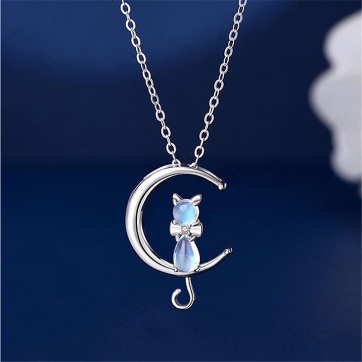 Crescent Moon and Cat Moonstone Necklace